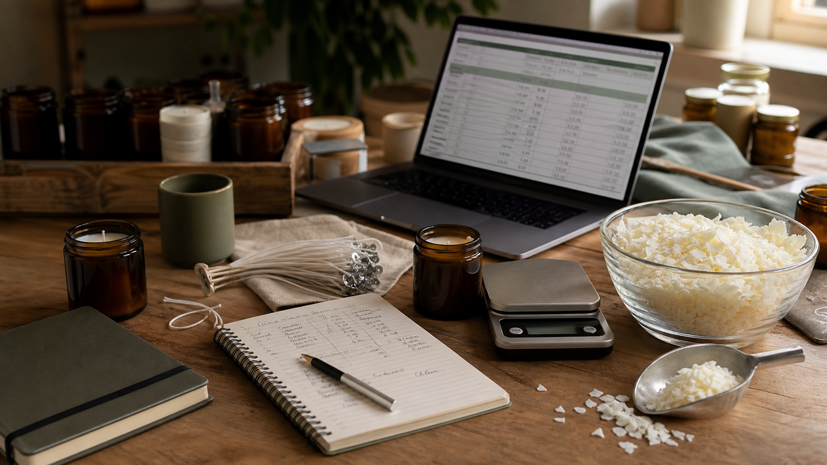 Candle pricing workbench with wax, jars, scale, and costing notes